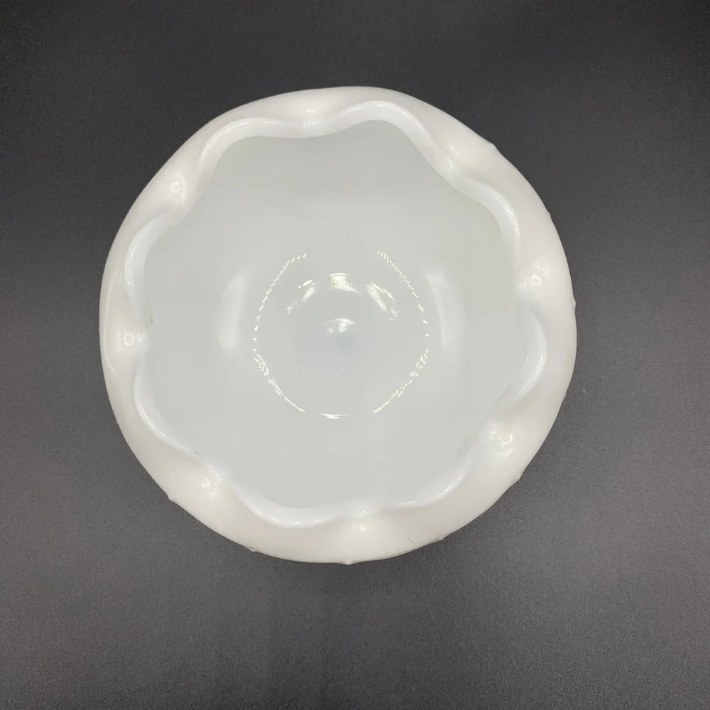 Indiana Rose Bowl White Milk Glass Duette Diamond Quilt Ruffle Edge Candy Dish